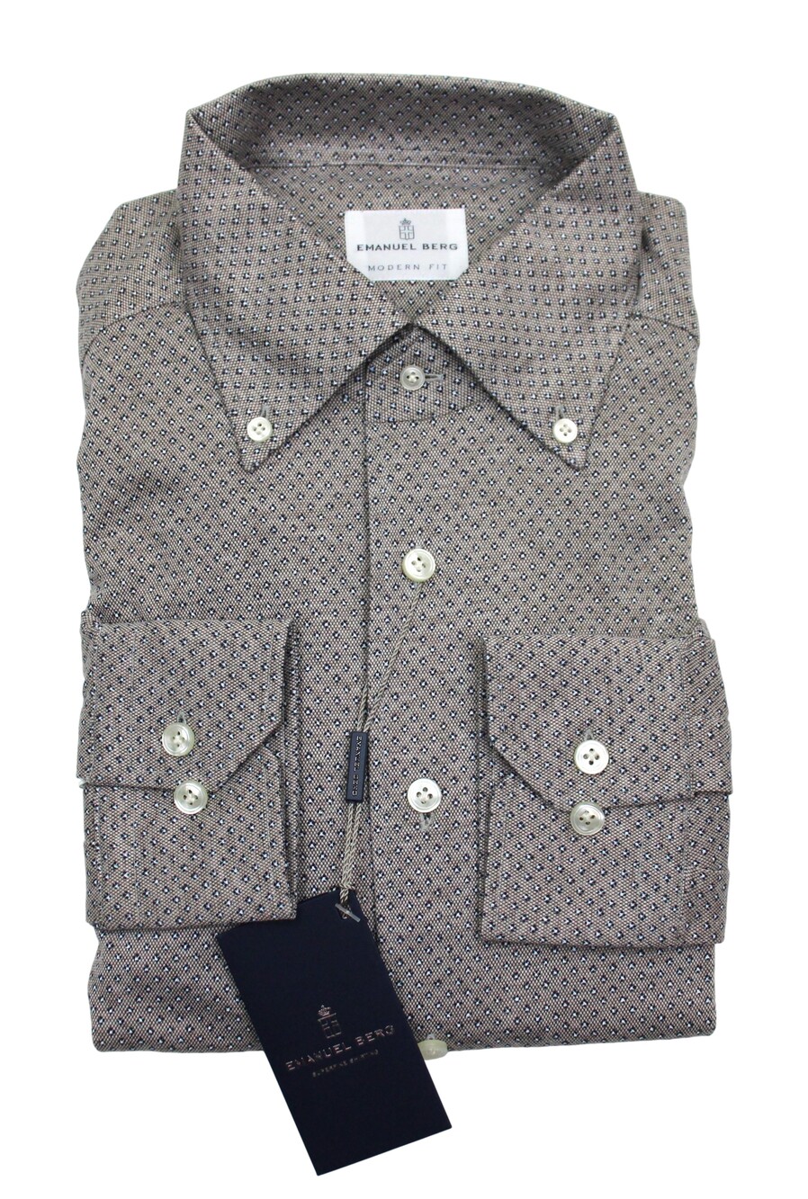 Emanuel Berg Shirt Mens 39 15.5 M Brown Blue Bellagio Modern Fit Cotton